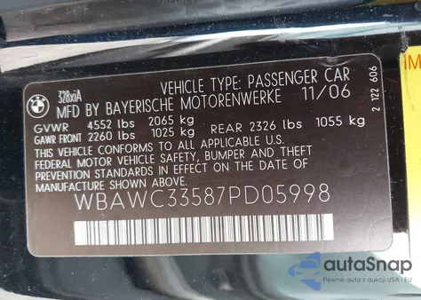 2007 BMW 328 из США, поврежденный, VIN WBAWC33587PD05998